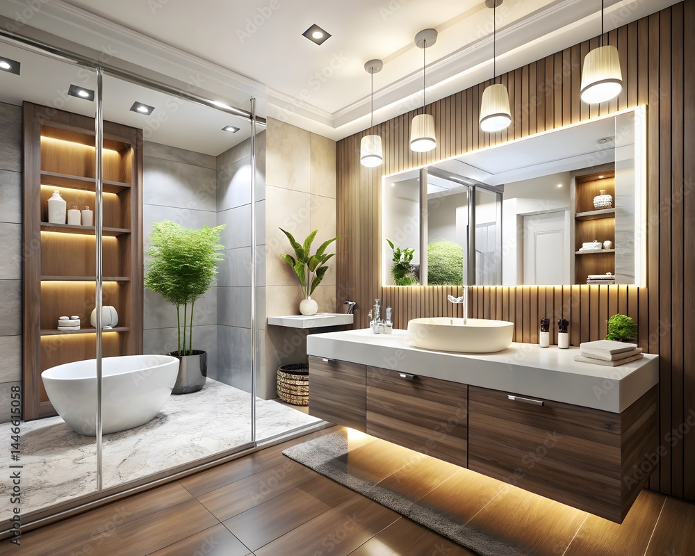 Fototapeta premium Chic Bathroom Decor: A chic and modern bathroom with sleek design, elegant fixtures, and stylish decor.