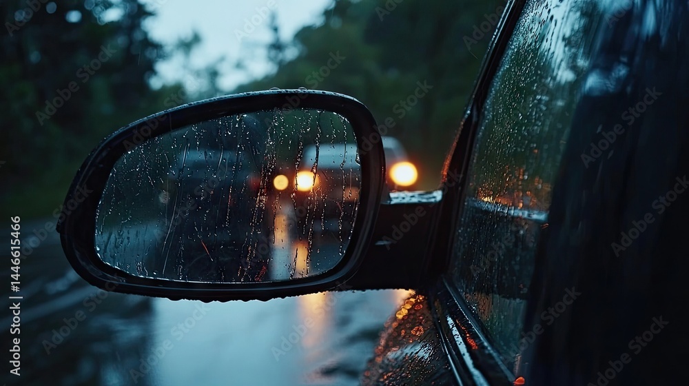 Close-up view of a car's side mirror reflecting a rainy night scene. Close-up view of a car's side mirror reflecting a rainy night scene.