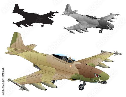 第二次戦世界大戦に活躍したプロペラ戦闘機を近未来的な軽ジェット飛行に進化させたオリジナルアイデアの砂漠迷彩仕様攻撃戦闘機。