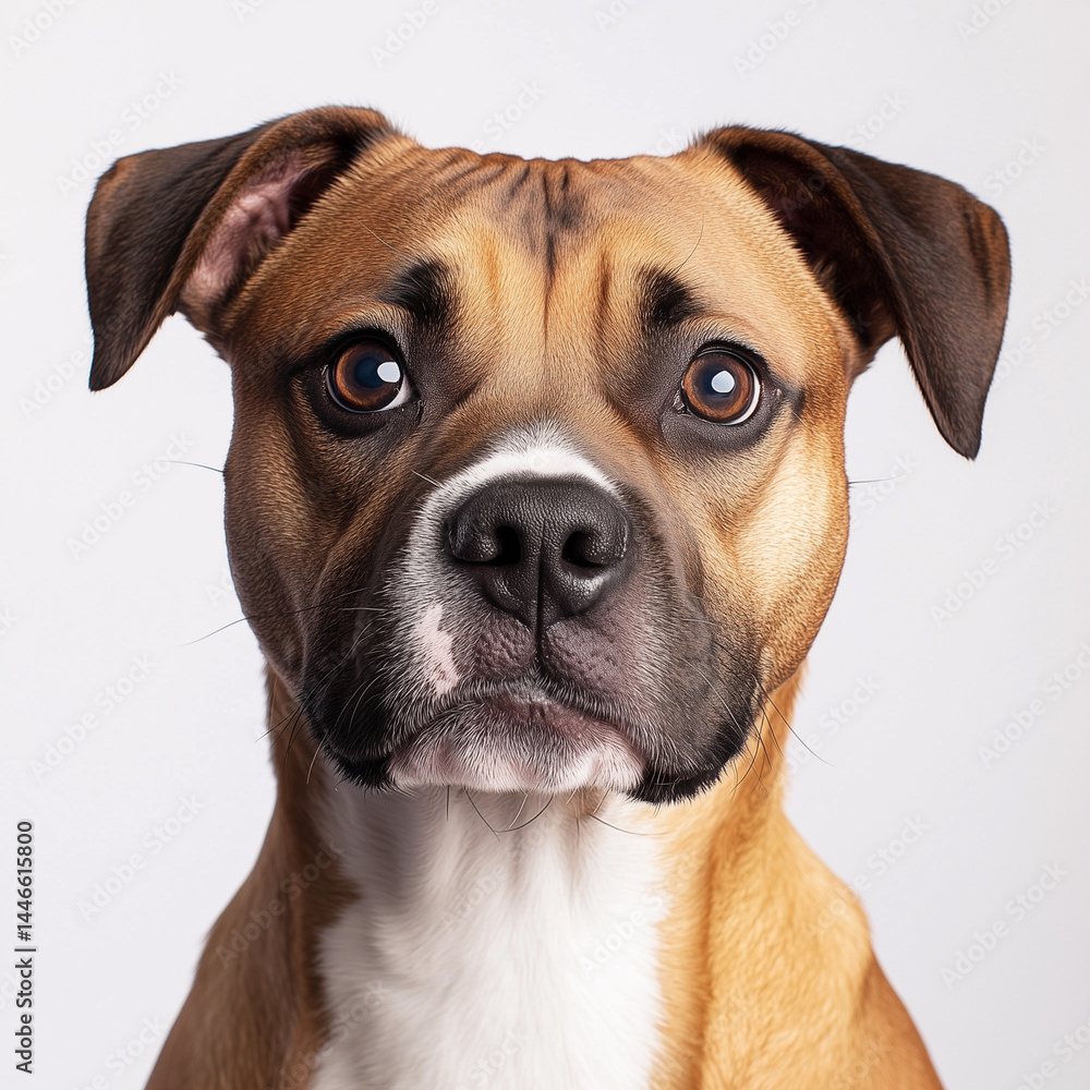 A Captivating Portrait: The Expressive Gaze of a Young Boxer Dog, Brown and White Fur, Gentle Eyes, Close-Up Studio Shot A Captivating Portrait: The Expressive Gaze of a Young Boxer Dog, Brown and White Fur, Gentle Eyes, Close-Up Studio Shot