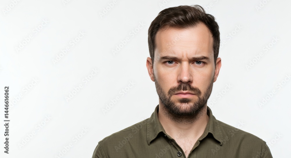 Fototapeta premium A man with a beard and an olive green shirt looking directly at the camera with a serious expression