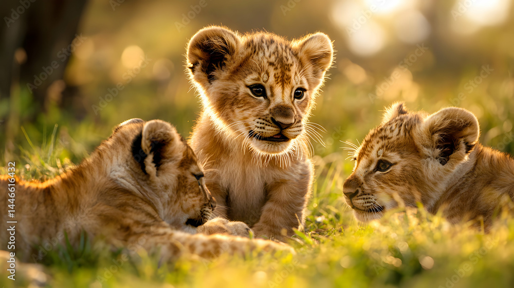Obraz premium Lion Cubs in Golden Light Serene Wildlife Scene Young Animals in Grassland