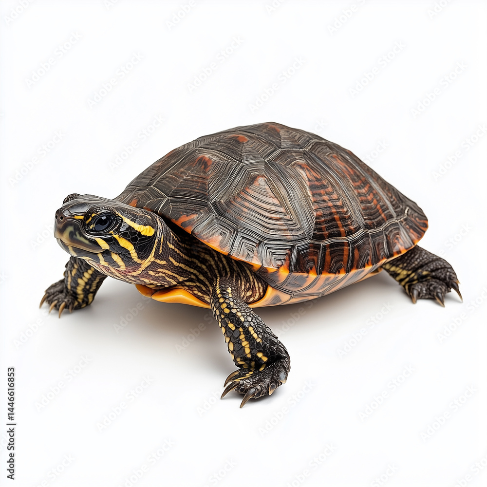 Fototapeta premium A Detailed Close-Up of a Striking Cumberland Turtle, showcasing its intricate shell patterns, vibrant colors, and captivating gaze; a reptile portrait against a pristine white backdrop. A study in