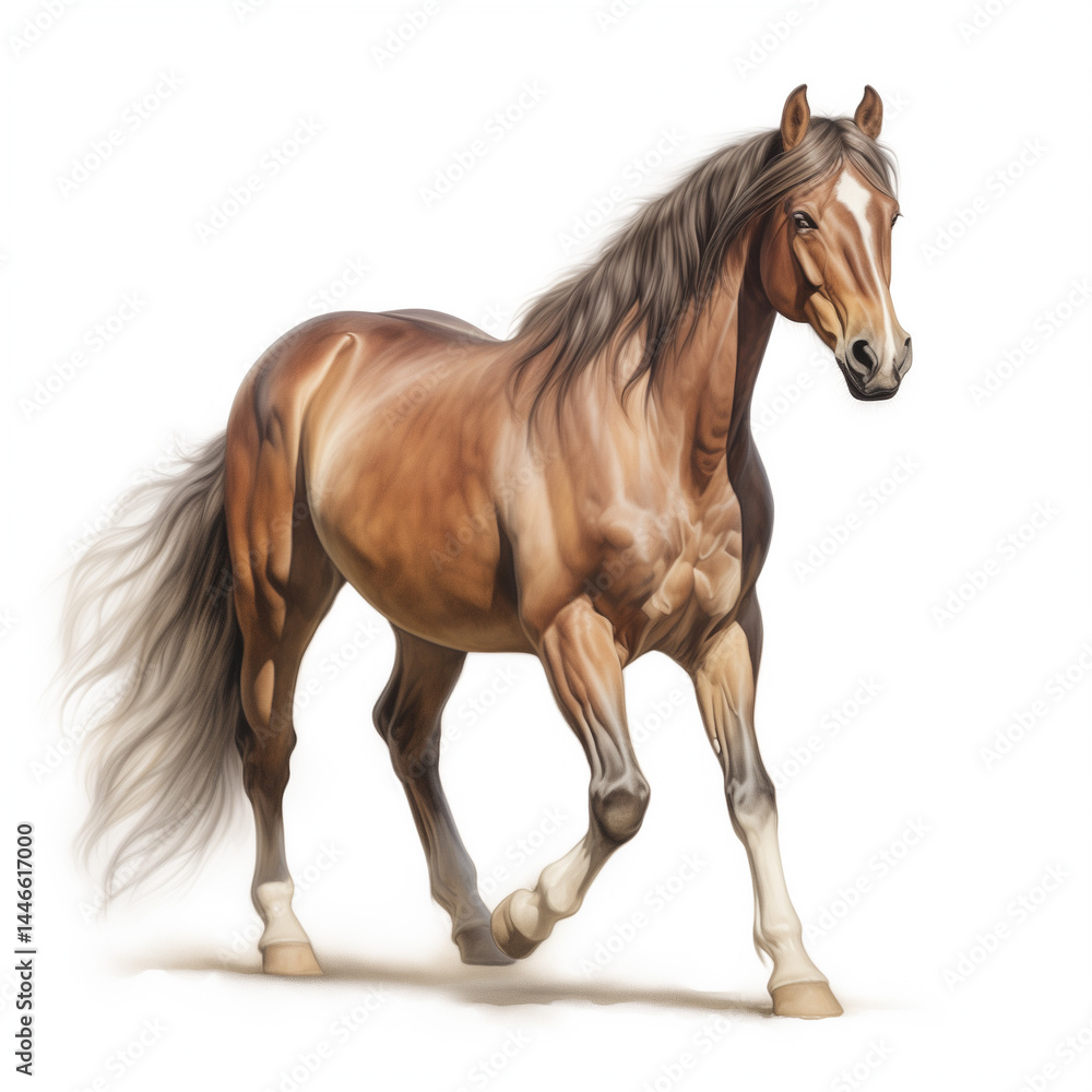 Obraz premium Majestic Chestnut Horse in Motion: A Stunning Portrait of Equine Elegance and Power, Beautifully Rendered with Lifelike Detail, Capturing the Grace and Strength of a Mature Horse Against a Pure White