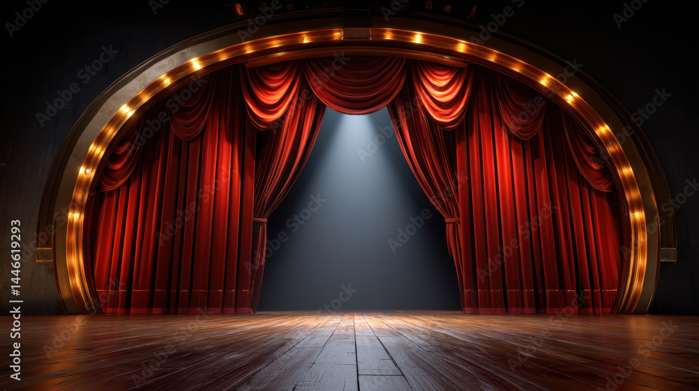 Fototapeta premium Red velvet theater curtain with golden lights on wooden stage floor illuminated by spotlight, creating dramatic and elegant atmosphere for performance art