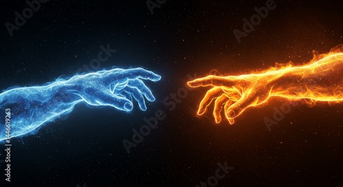 Cosmic Connection: Ice and Fire Hands Reaching in Starry Void