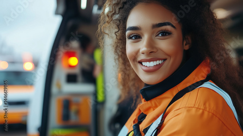 A Portrait of Hope: Confident Female Paramedic in her Early Twenties, with a Warm Smile, Wearing an Orange Uniform, Ready to Serve and Save Lives in an Emergency Medical Situation