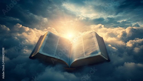 Open book amidst clouds, divine light
