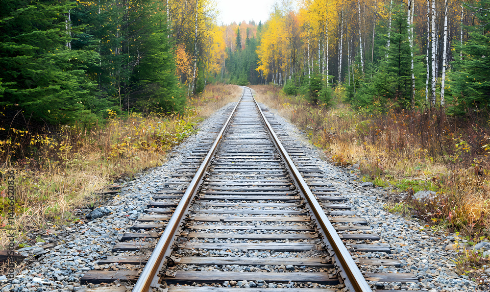 Fototapeta premium Railroad perspective amid autumn foliage. Tracks lead into the horizon between trees