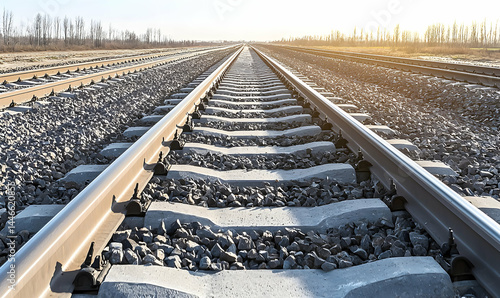 Rails stretching into the horizon with gravel and concrete ties, ending at some trees under a glowing sky