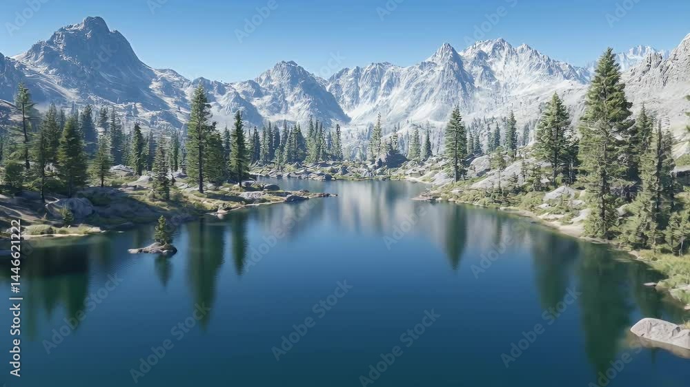 Serene mountain lake surrounded by towering peaks and lush pine forests, reflecting the clear blue sky, ideal for nature lovers Serene mountain lake surrounded by towering peaks and lush pine forests, reflecting the clear blue sky, ideal for nature lovers