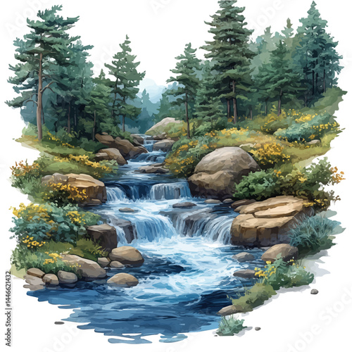 Spring Creek Flowing Through Lush Greenery, vector watercolor illustration, isolated on a white background.