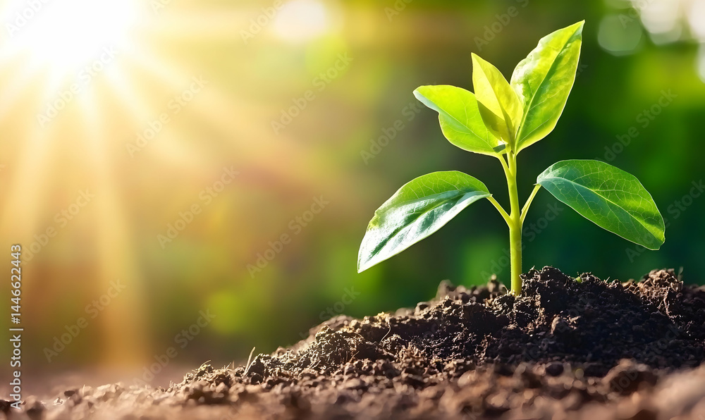 Sapling emerges from soil under sunlight, symbolising growth and vitality against a blurred nature backdrop Sapling emerges from soil under sunlight, symbolising growth and vitality against a blurred nature backdrop