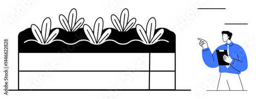 Agronomist holding clipboard inspecting vertical farming system with plants in raised beds. Ideal for agriculture, sustainability, innovation, farming, agronomy, food production, research. Flat