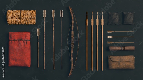 Medieval Archery Set, Bow, Arrows, Quiver, Flat lay of medieval archery equipment.