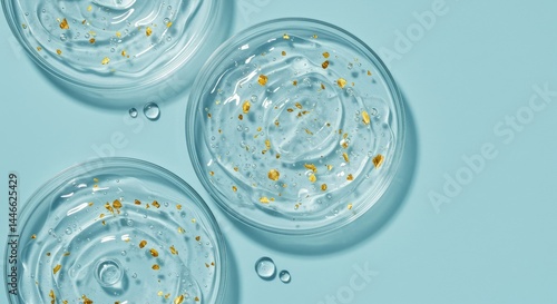 Gold Flakes in Clear Gel Petri Dishes on Pastel Blue Background