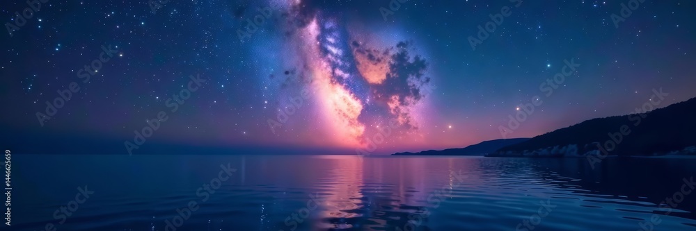 Fototapeta premium Scenic view of milky way galaxy reflecting on the serene ocean at night, space, starlight, nature