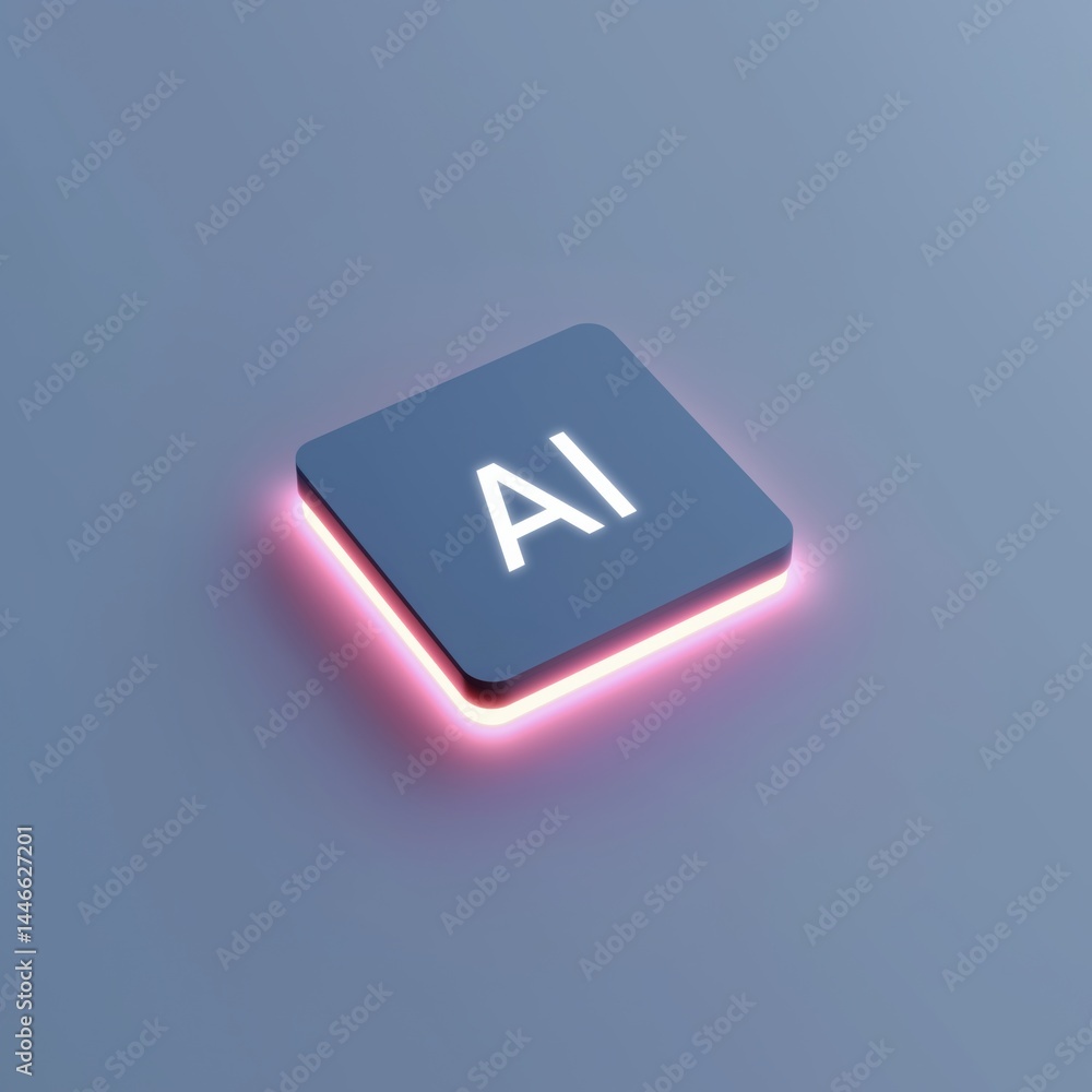 Innovative technology button with illuminated AI symbol on modern surface in soft lighting.