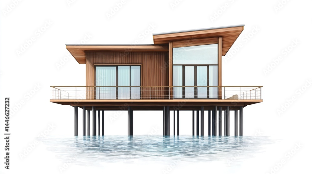 Modern wooden house on stilts over water. Modern wooden house on stilts over water.