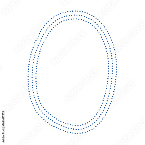 Hand drawn oval triple dotted frame in blue on white background in soft marine doodle style