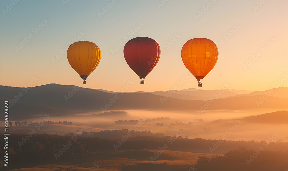 Fototapeta premium Three hot air balloons floating over a serene, misty valley at sunrise. Warm, golden light