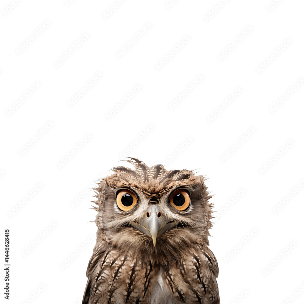 Naklejka premium Intriguing Gaze: Close-Up Portrait of a Spectacled Owl, a Majestic Bird of Prey with Intense Golden Eyes, Displaying its Unique Facial Features and Feather Detail in a Striking Composition against a