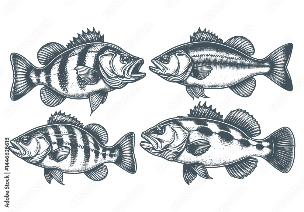 Fototapeta premium set of predator fish, bassfish lineart isolated on white