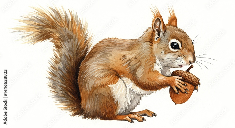 Obraz premium Watercolor painting of a squirrel with a bushy tail holding an acorn against a white backdrop.