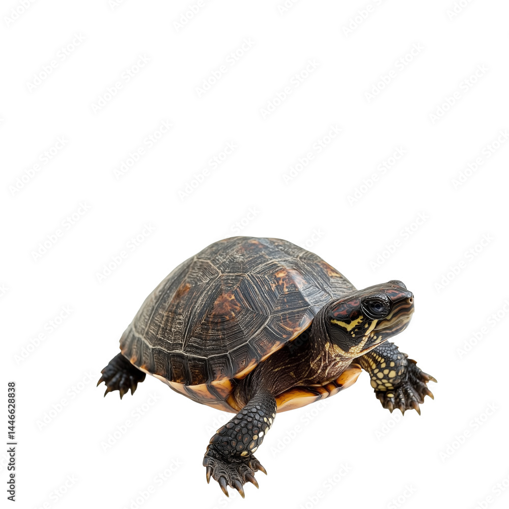 A Close-Up Study of a Juvenile Red-Eared Slider Turtle, showcasing its intricate shell patterns and textures, against a stark no background, emphasizing the reptile's detailed carapace and A Close-Up Study of a Juvenile Red-Eared Slider Turtle, showcasing its intricate shell patterns and textures, against a stark no background, emphasizing the reptile's detailed carapace and