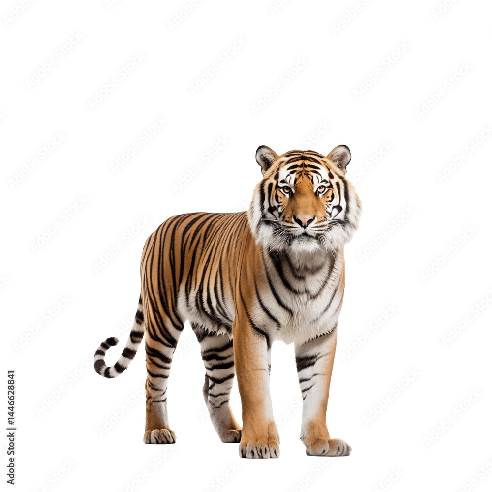 Obraz premium Majestic Bengal Tiger: A Portrait of Power, Grace, and Wild Beauty in the Heart of the Jungle; Striking orange and black stripes, intense gaze, powerful stance.