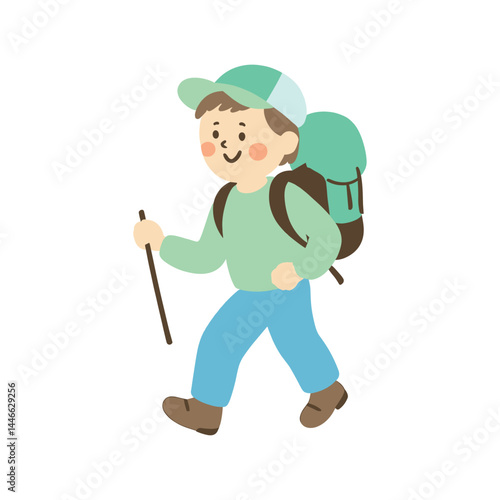 Playful Boy mascot Hiking with Bouncing Backpack on Nature Trail