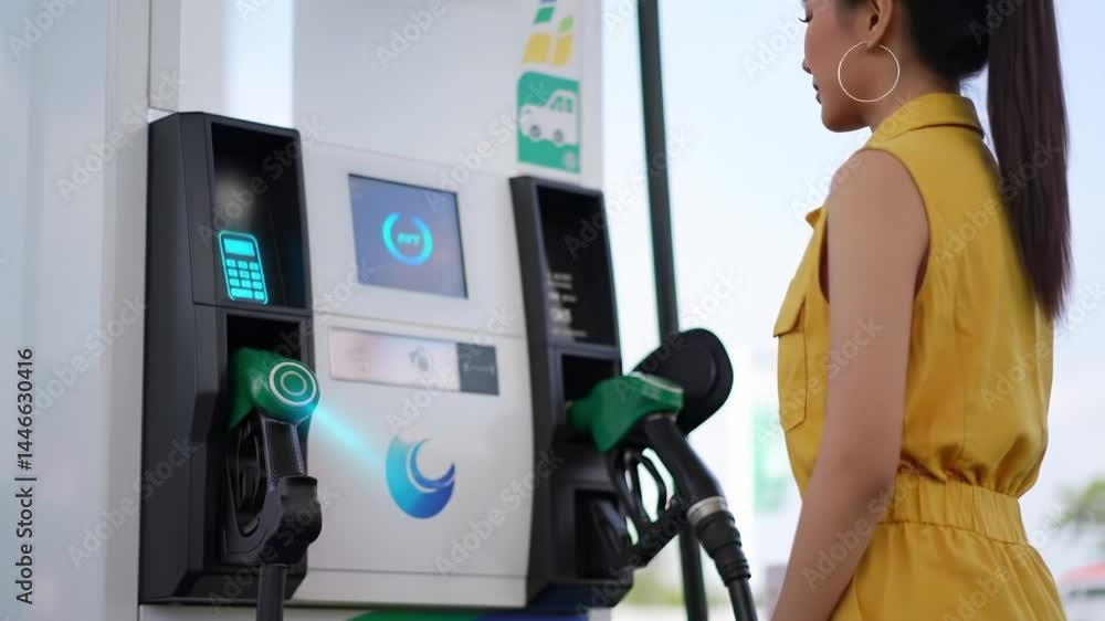 Young woman uses mobile payment at a gas station during daytime Young woman uses mobile payment at a gas station during daytime