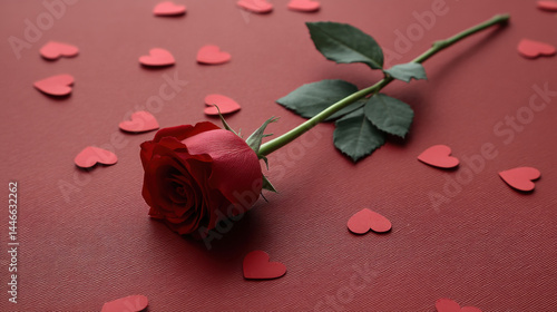 Red rose lying on textured red surface surrounded by scattered small red paper hearts, creating romantic and tender atmosphere