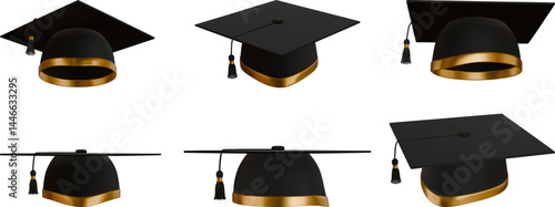 set of  3d graduation caps in different views. isolated realistic black and gold graduation hats