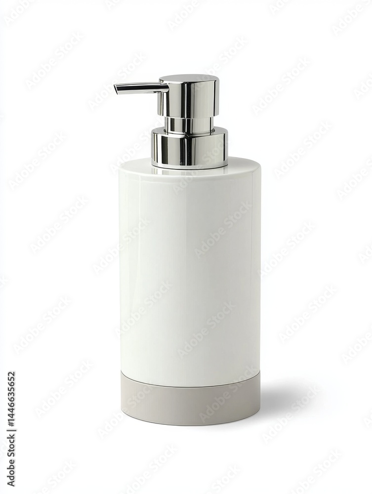 Modern, cylindrical soap dispenser in off-white and taupe. Features a chrome-colored pump Modern, cylindrical soap dispenser in off-white and taupe. Features a chrome-colored pump