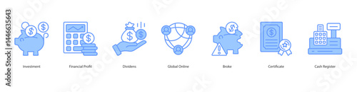 Financial Investment icon sheet investment, financial profit, dividens, global online, broke, certificate, cash register