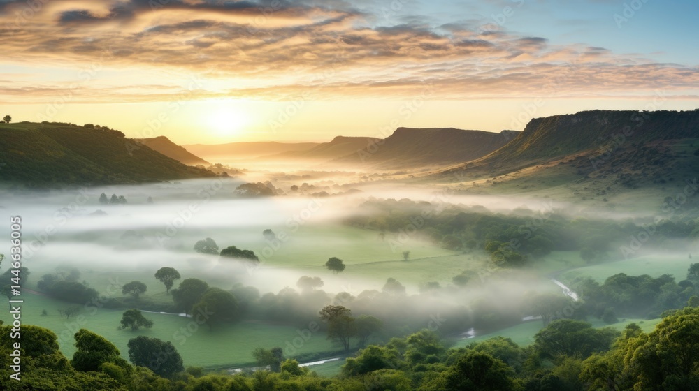 Fototapeta premium Misty Grass Valley Sunrise With Plateau Hills
