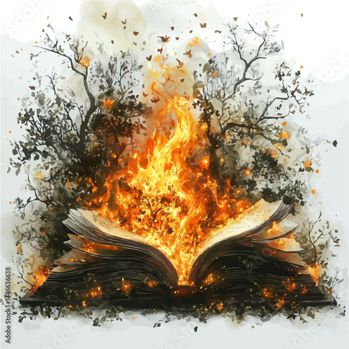 Spellbook With Pages Turning On Their Own, watercolor vector, isolated on a white background.