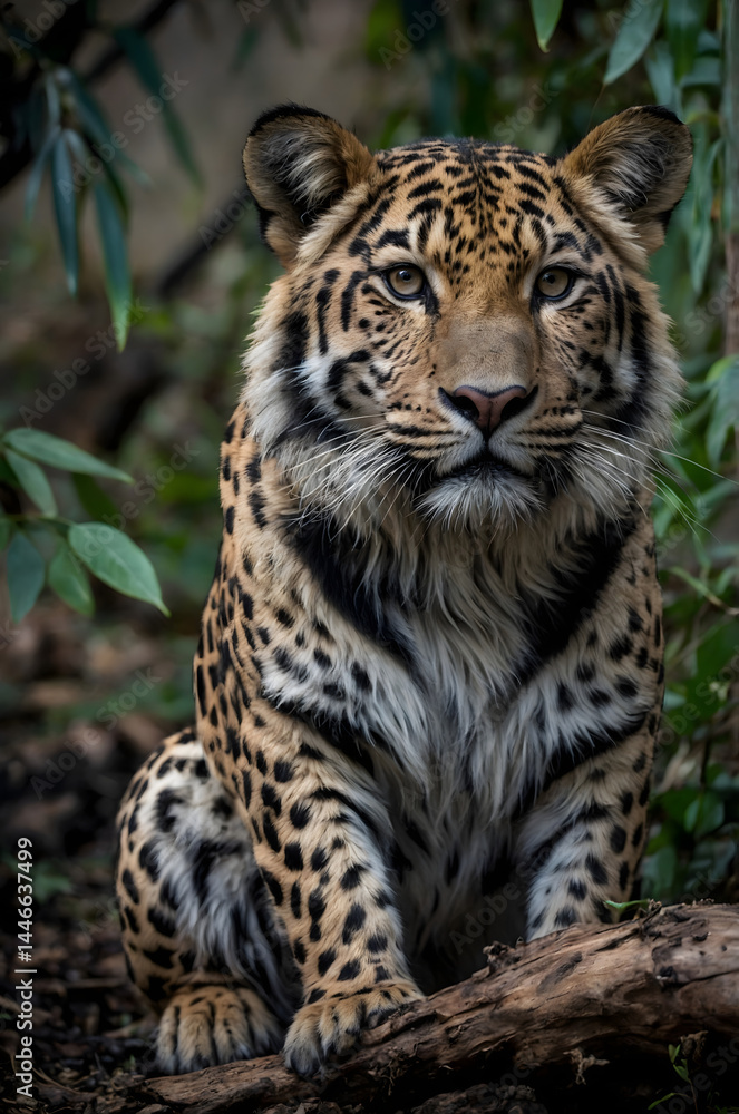 Obraz premium Leopard Sitting Alert in Forest Foliage