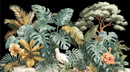 Crédence de cuisine Jungle Lush Tropical Paradise  Bird  Monstera  Palm Leaves  Floral  Nature Scene  © Narongsag