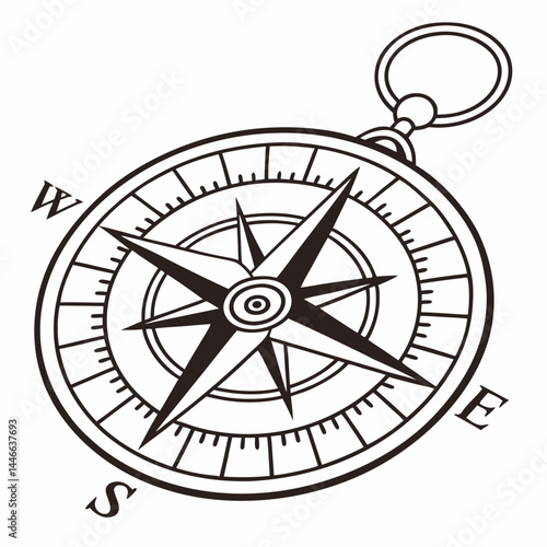 Black And White Compass Illustration Graphic Nautical Navigation Tool