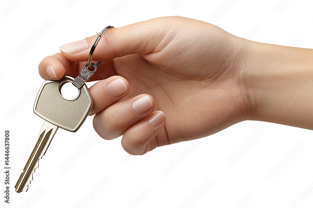 Close-Up of Hand Holding a Golden Key on White Background Close-Up of Hand Holding a Golden Key on White Background