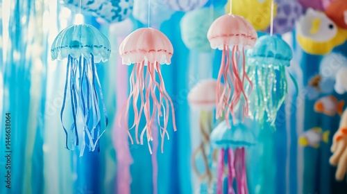 Decorative jellyfish mobiles hanging in a sea-themed room.