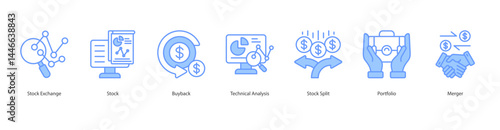 Market Strategy icon sheet stock exchange, stock, buyback, technical analysis, stock split, portfolio, merger