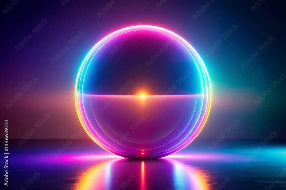 Glowing sphere neon light with colorful reflection background Glowing sphere neon light with colorful reflection background