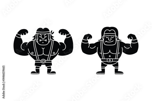 Cartoon Silhouette Muscular Man – Retro Strongman Character Flexing Vector Art Illustration.