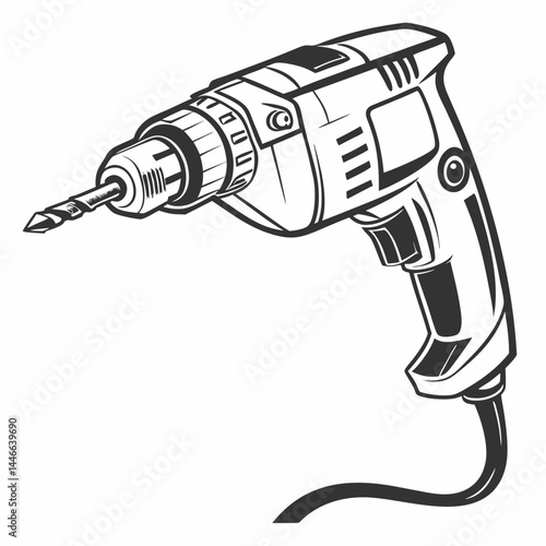 Electric Drill Monochrome Vector Illustration Tool For Construction And Repair