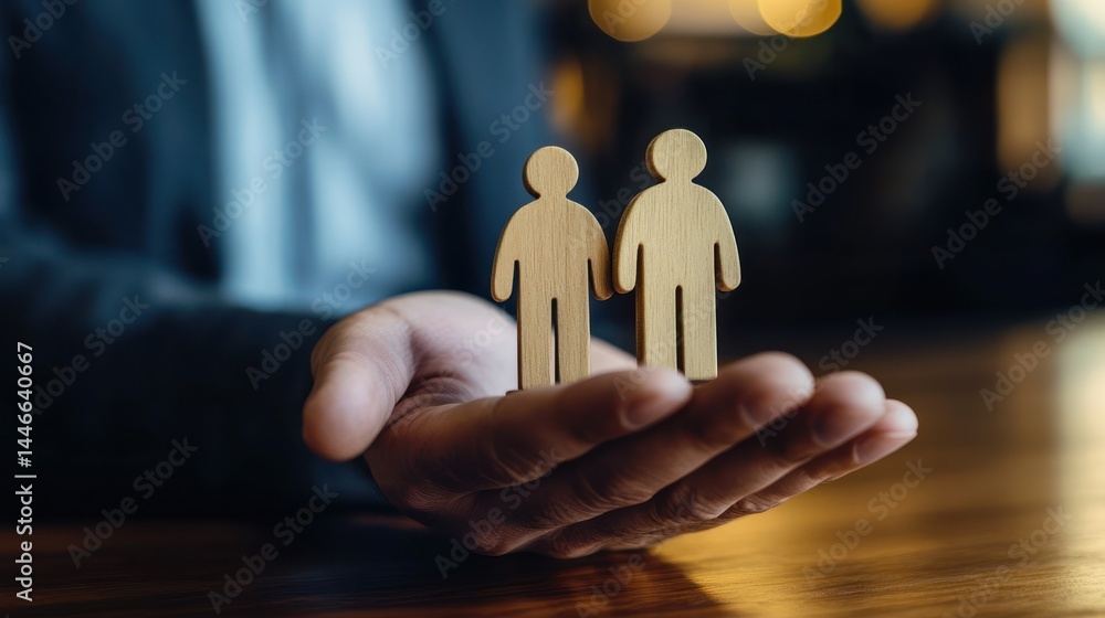 Two wooden figures representing people are gently cradled in a person's hands, symbolizing care and partnership Two wooden figures representing people are gently cradled in a person's hands, symbolizing care and partnership