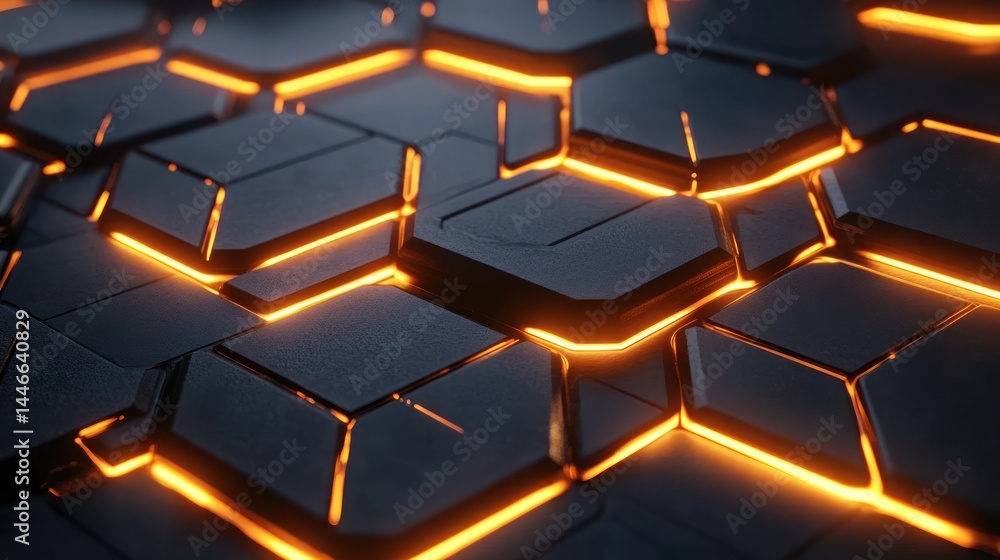Abstract Hexagonal Pattern with Glowing Orange Lines, Futuristic Technology Background Abstract Hexagonal Pattern with Glowing Orange Lines, Futuristic Technology Background