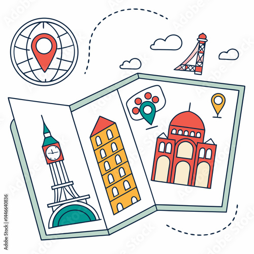 Travel Destinations On A Map Including Big Ben Tower Of Pisa Mosque